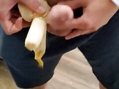 Playing with my banana and comparing size with my cock