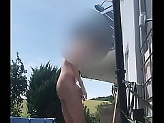 hairy tall twink showering outside with his semi hard cock | tallguy jay