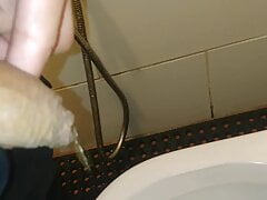 Playing with little cock at airport toilet after peeing