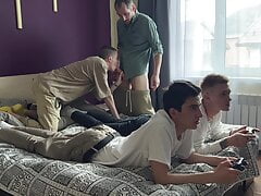 #337 Stepdad and stepson fuck console playing twinks