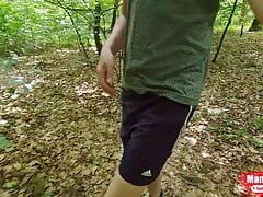 Pissed on the tree. Naked walk in the woods