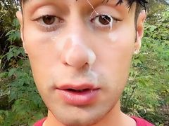 Walk and jerk off with cum on face by stranger outdoor