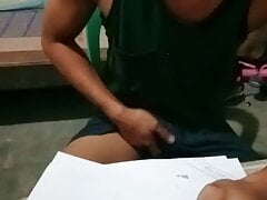 Student asian made a cumshot on his studying time