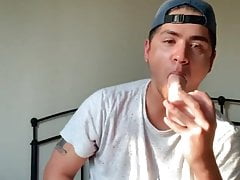 Exposed popper fag sucking dildo and jerking