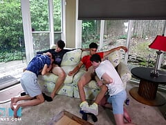 NastyTwinks - TV and Chill - Two couples watch tv, when they start fooling around.  Hot uncut Latinos and trading bottoms