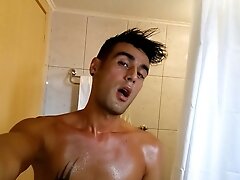 After sun tanning jerk off - uncut cock cum in toilet