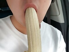 A slut eating banana and gagging