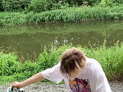 Masturbation with cum in the public woods by the lake