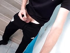 skinny russian lad wanks and cums in trackies