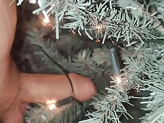 Twink fucks Christmas tree with his thick uncut 6 inch cock