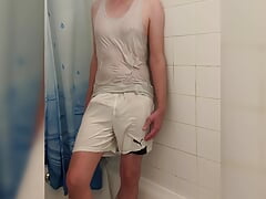wanking in wet clothes and jerk off, huge bulge, cumshot