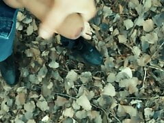 Twink barefoot jerking in the park - cumshot on shoe and foot